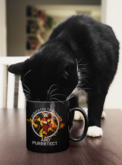Glossy "Feline Firefighter" Mug in Black