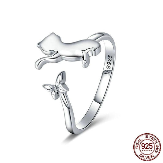 Silver Playful Cat Ring